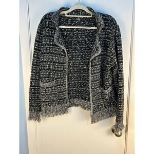 Sioni Tweed Shacket Medium Black White Fringe Trim Twee Academia Office